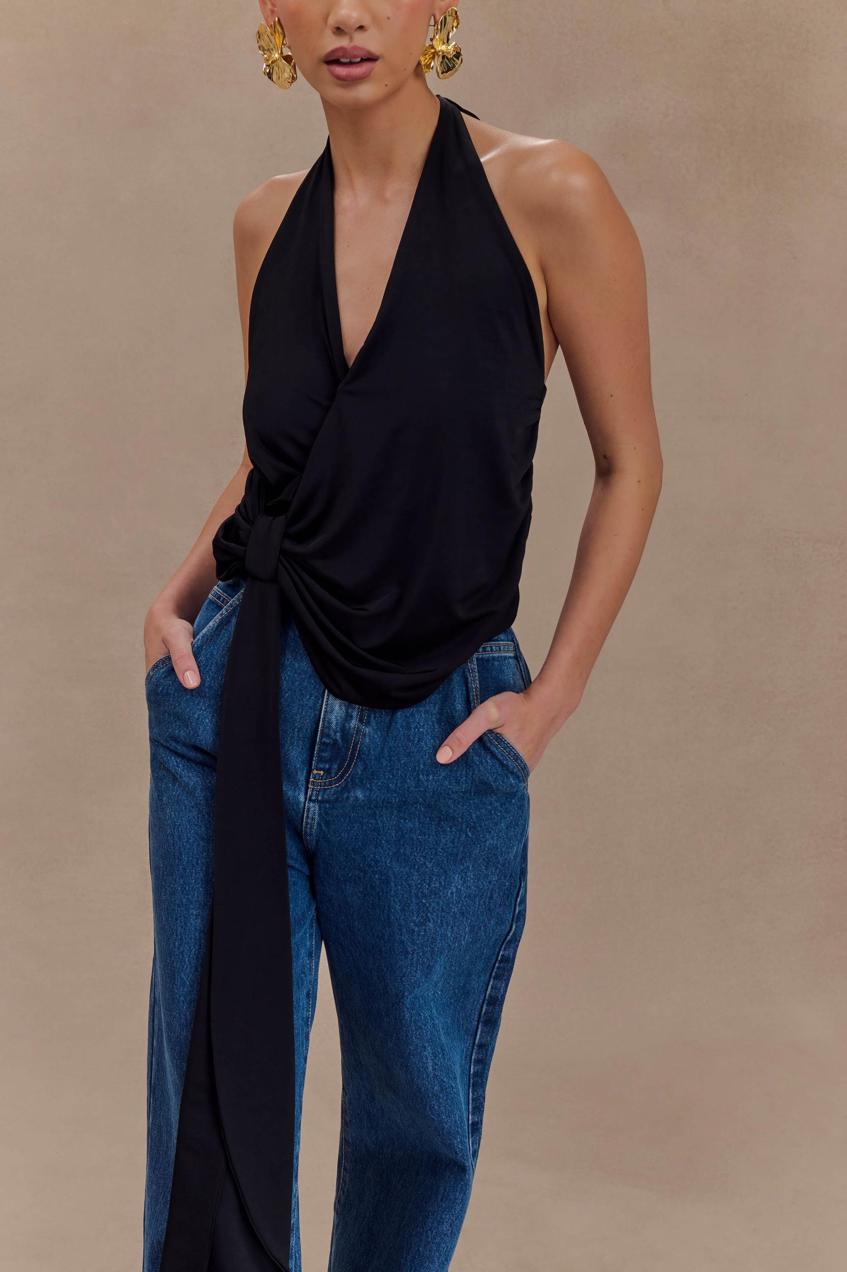 Tyla Draped Slinky Halter Top - Black Product Image