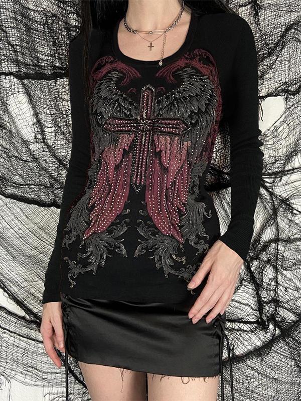 Wing Cross Rhinestone Print Long Sleeve Tee Product Image