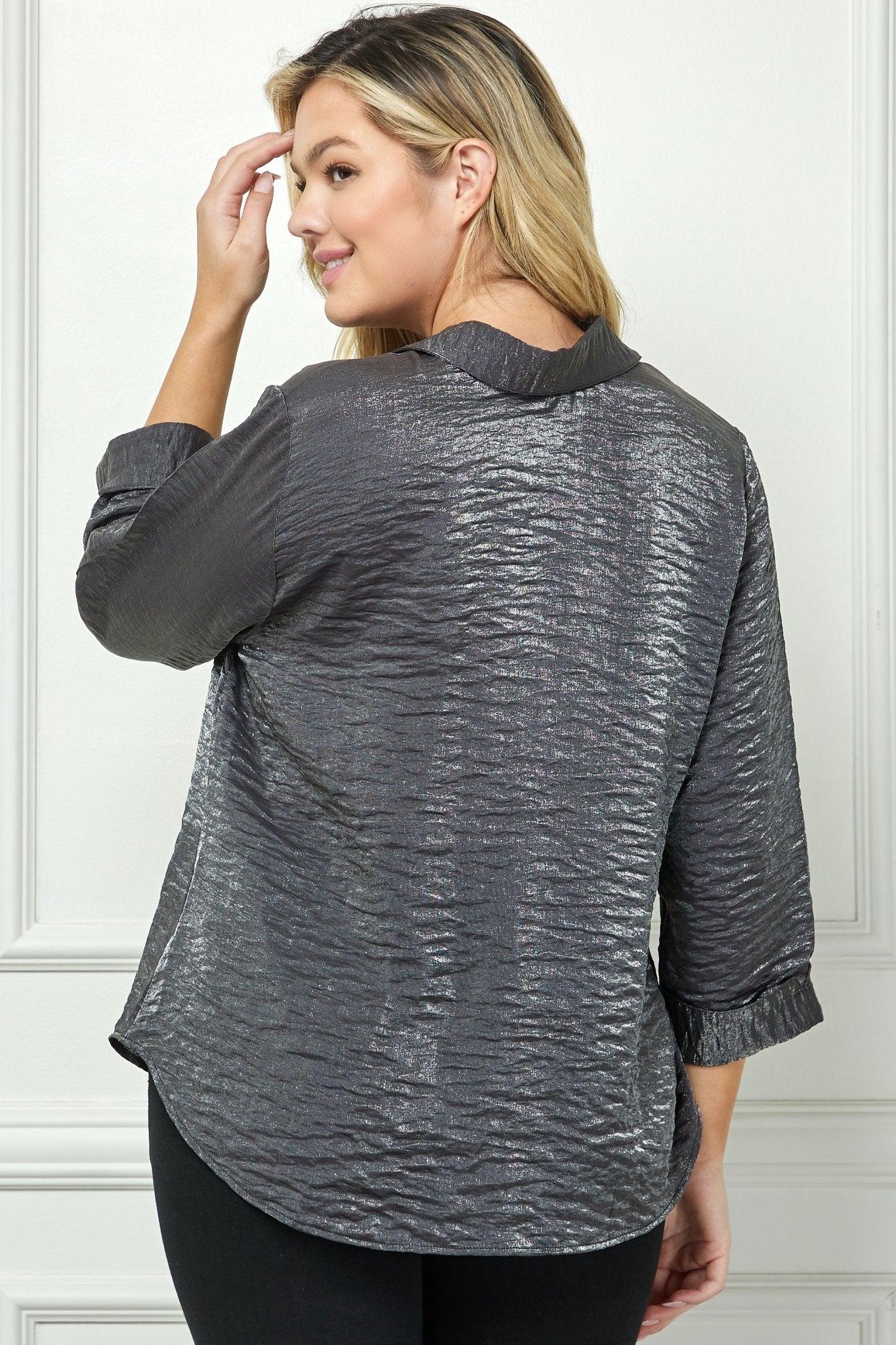 Black & Silver 3/4 Notch Sleeve Johnny Collar Button Front Top - Plus Product Image