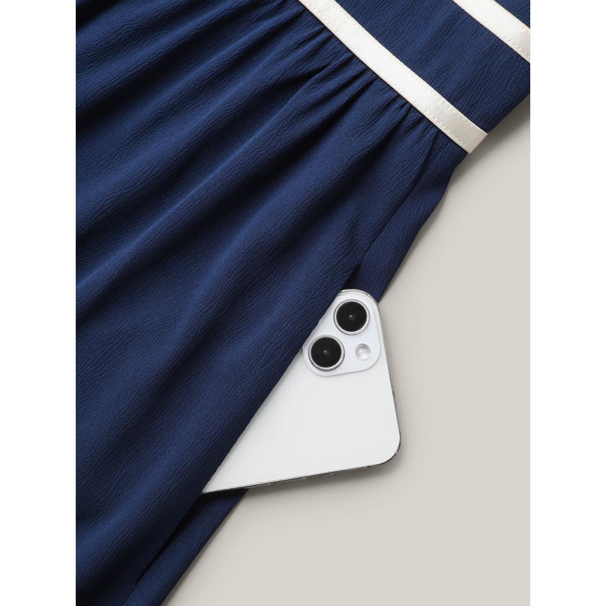 Plus Size Textured Stretchy Waist Milkmaid Style Midi Dress Indigo Women Leisure Woven ribbon&lace trim Heart neckline Short sleeve Curvy BloomChic 14-16/1X Product Image