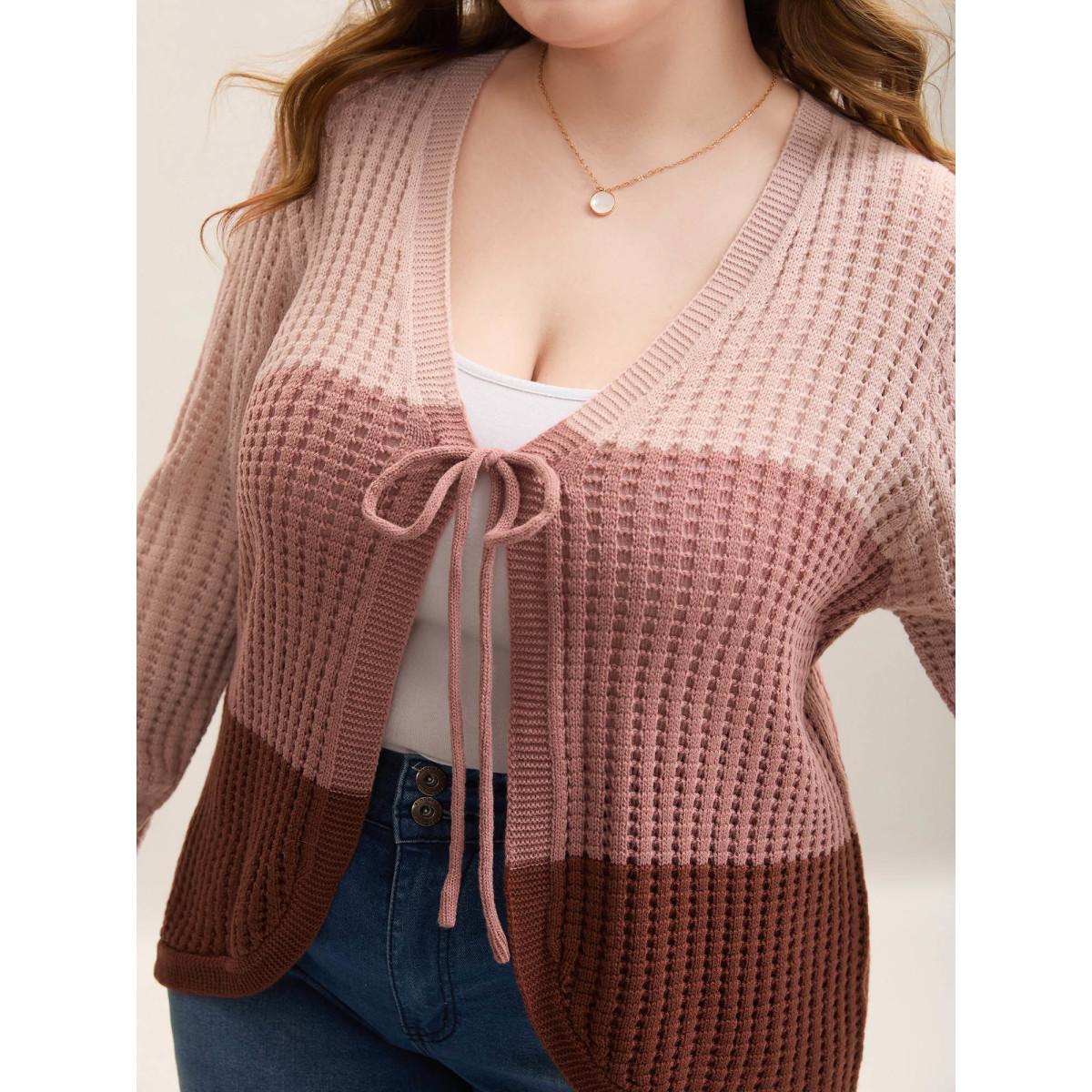 Plus Size Arc Hem Color Block Tie Front Cardigan Rust Women Casual Loose Sleeveless Everyday Cardigans BloomChic 14-16/1X Product Image