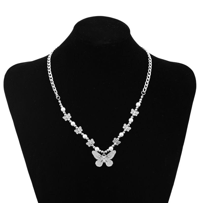 Butterfly Pendant Faux Pearl Beaded Necklace Product Image
