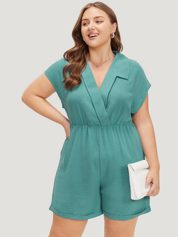 Plain Lapel Collar Batwing Sleeve Wrap Pocket Zip Romper Female Product Image