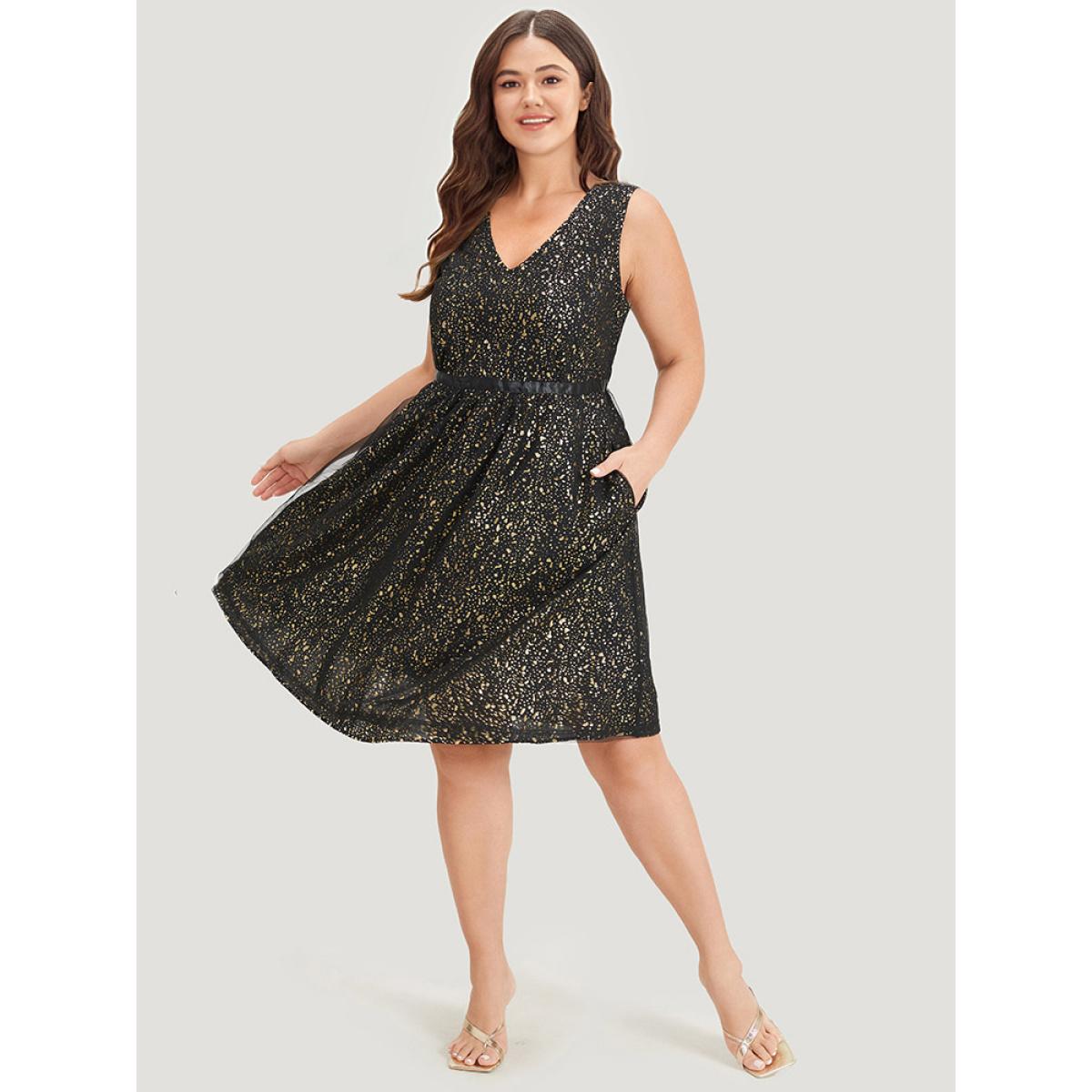 Plus Size Leopard Glitter Pocket Mesh Ribbon Tank Dress Black Women Party Ribbon V-neck Sleeveless Curvy Knee Dress BloomChic 18-20/2X Product Image