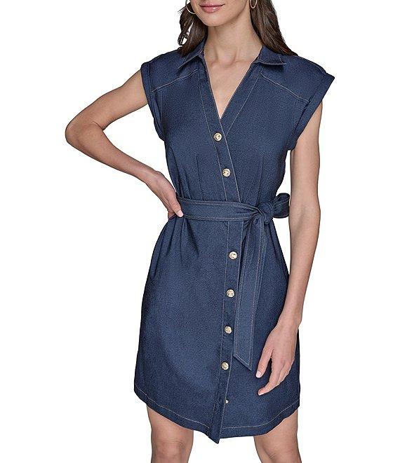 KARL LAGERFELD PARIS Stretch Denim Johnny Collar Cap Sleeve Belted Button Front Shirt Dress Product Image