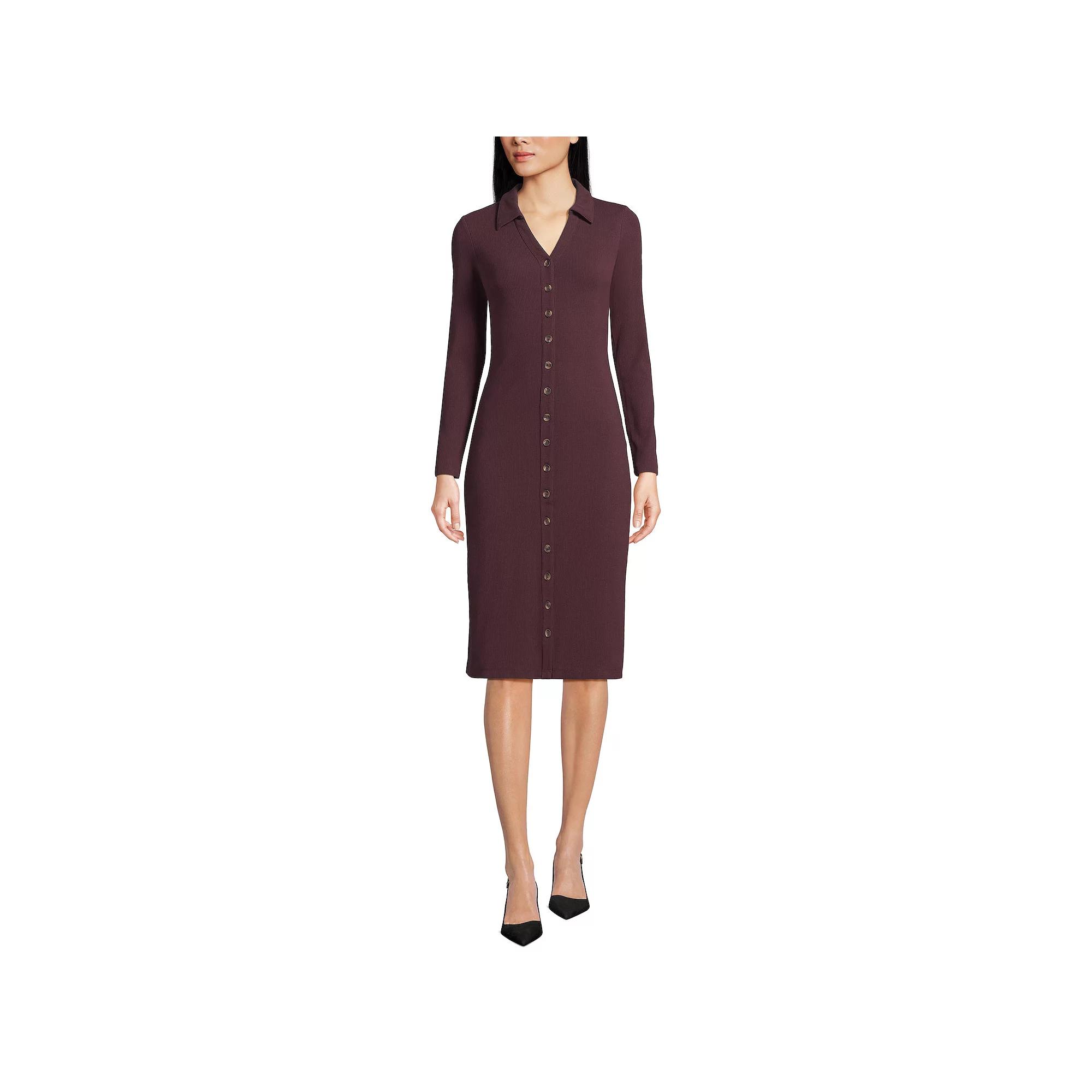 Women's Lands' End Knit Rib Button Front Dress, Size: XL, Black Plum Product Image