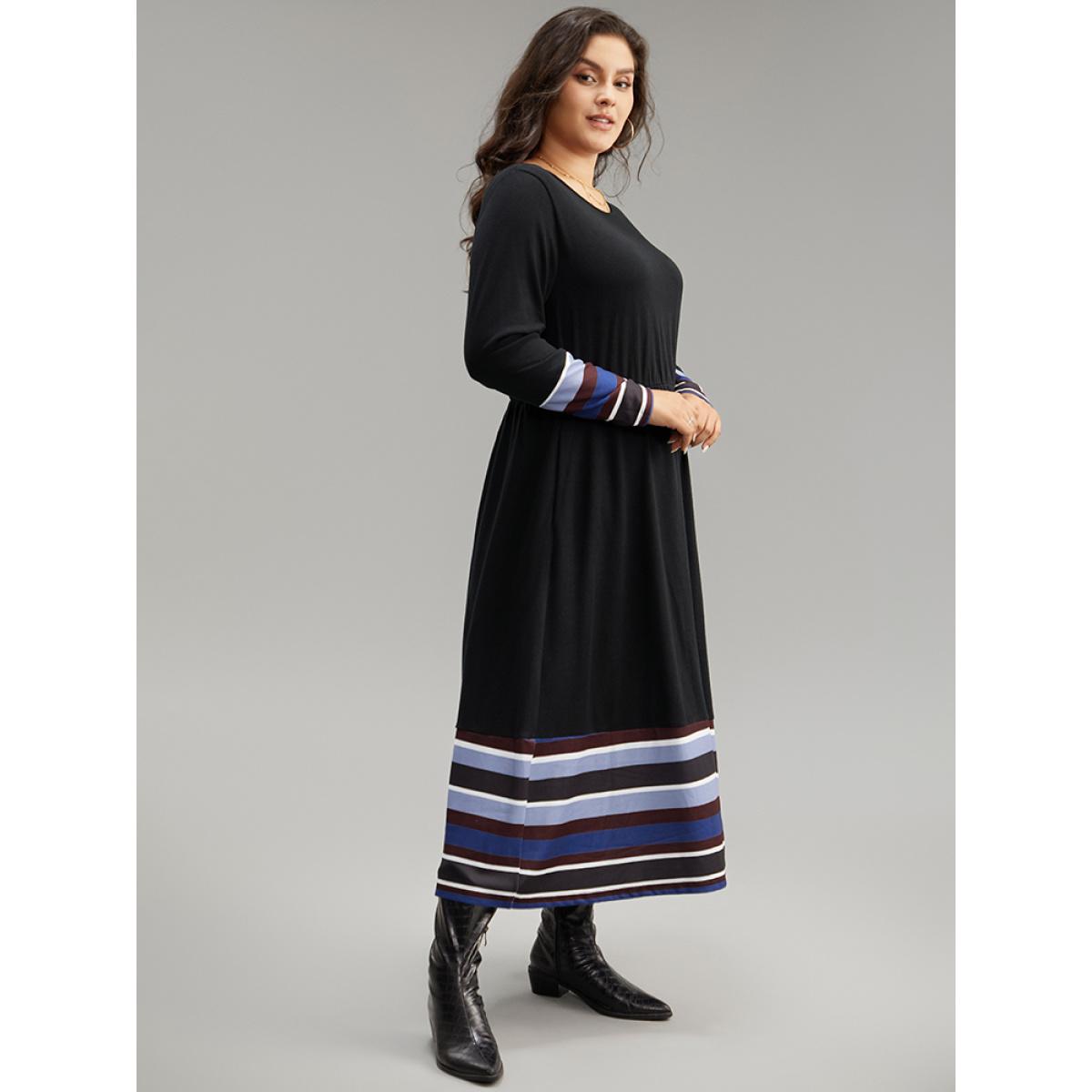 Plus Size Striped Patchwork Contrast Crew Neck Dress Black Women Casual Contrast Round Neck Long Sleeve Curvy Midi Dress BloomChic 14-16/1X Product Image
