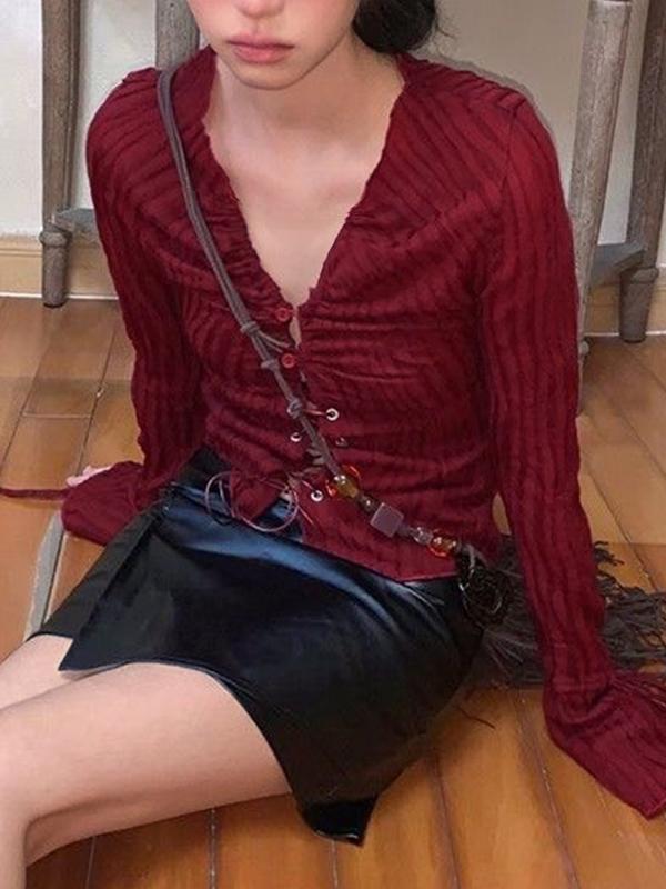 V Neck Pleated Lace Up Long Sleeve Shirt Product Image