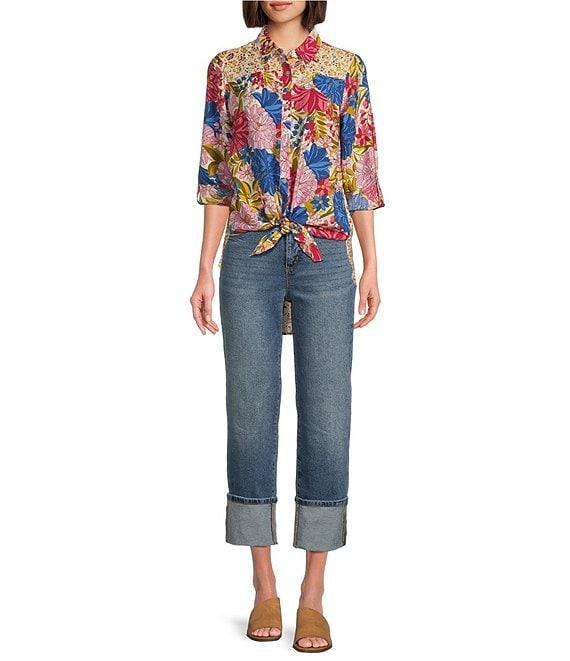 Figueroa & Flower Woven Floral Point Collar Long Roll-Tab Sleeve Button Front Blouse Product Image