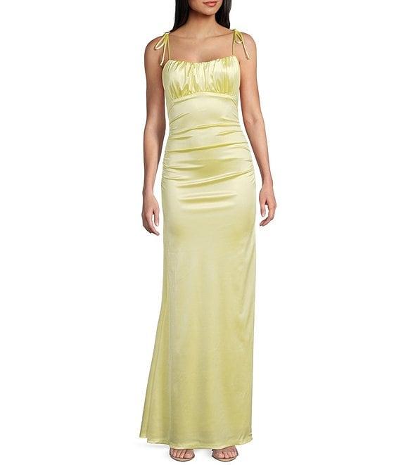 Honey and Rosie Scoop Neck Spaghetti Tie Strap Low-Back Gown Product Image