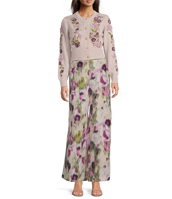 Muse by Marchesa Cara Cotton Blend Crew Neck Long Sleeve Applique Cardigan Product Image