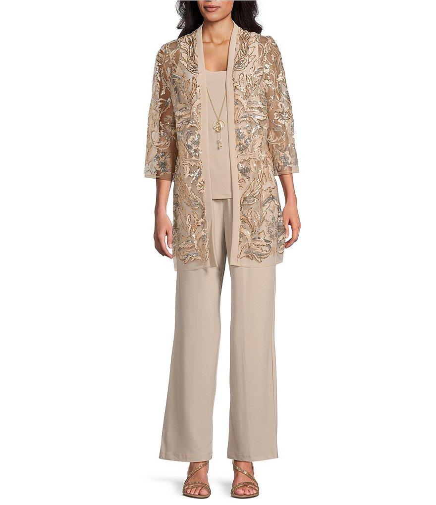 R & M Richards 3/4 Sleeve Scoop Neck Embroidered Sequin Jacket 3-Piece Pant Set Product Image