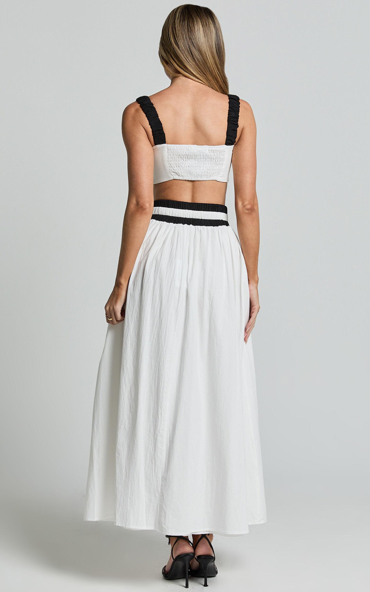Sapphire Two Piece Set - Contrast Band Crop Top and A Line Maxi Skirt in White & Black Product Image