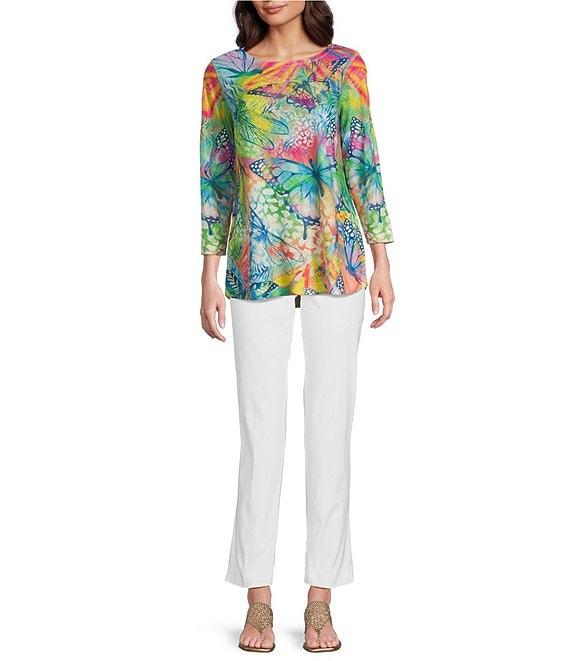 Ali Miles Floral Butterfly Printed Scoop Neck 3/4 Sleeve Top Product Image