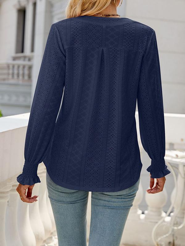 Long Sleeves Loose Elasticity Hollow Solid Color V-Neck T-Shirts Tops Product Image