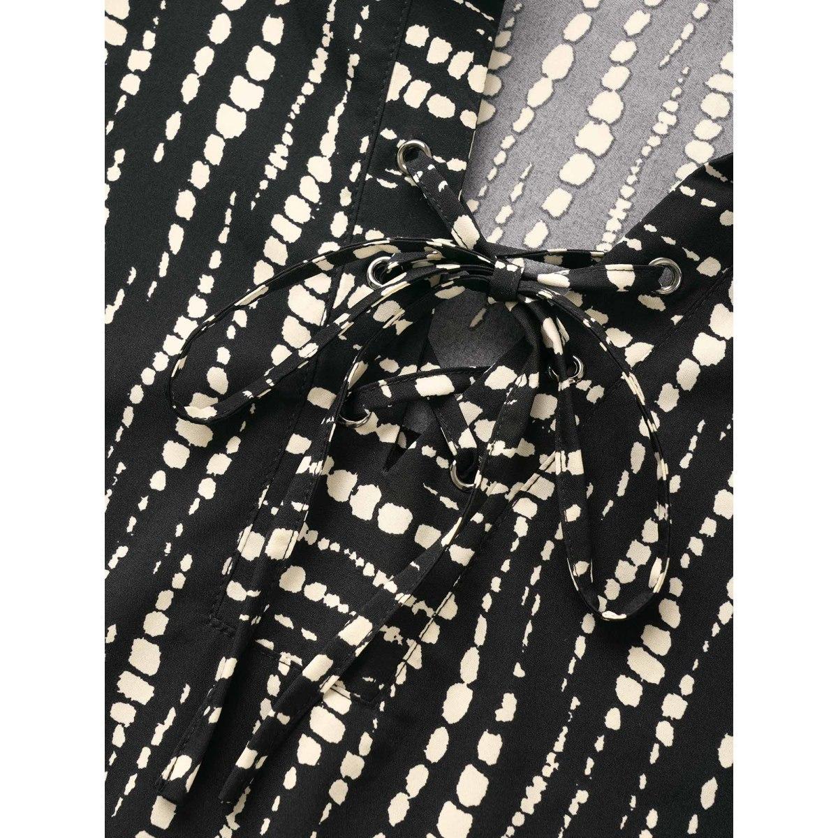 Plus Size Black Striped Lace Up Gathered Lantern Sleeve Blouse Women At the Office Elbow-length sleeve Shirt collar Work Blouses BloomChic 26/4X Product Image