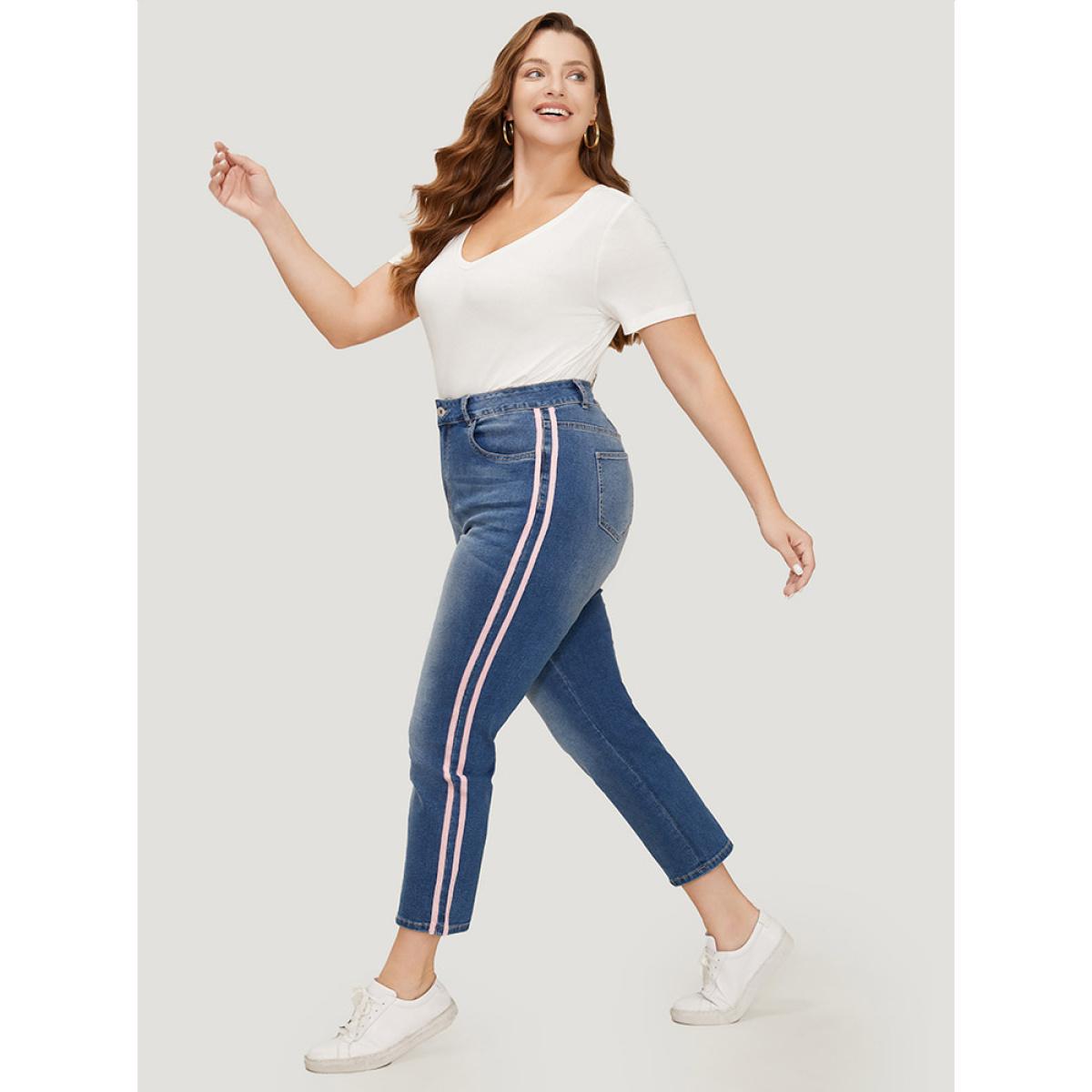 Plus Size Very Stretchy Medium Wash Contrast Striped Jeans Women Blue Casual Plain Patchwork High stretch Pocket Jeans BloomChic 10/M Product Image