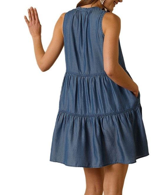 Tommy Bahama Chambray Split V-Neck Sleeveless Ruffle Tiered Hem Dress Swim Cover-Up Product Image