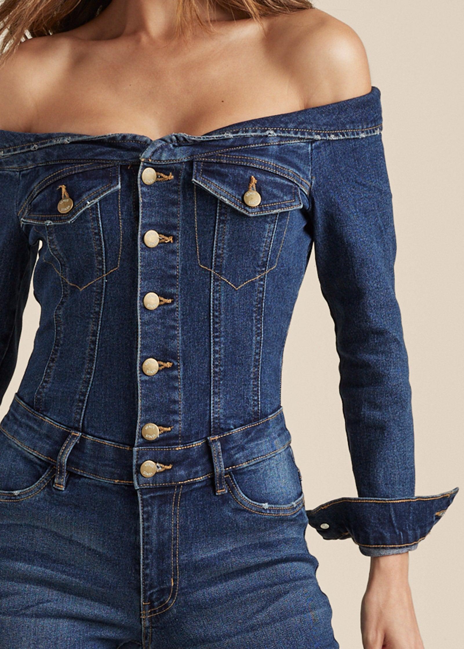 Off-The-Shoulder Denim Jumpsuit - Dark Wash Product Image