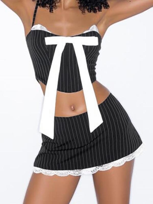 Pinstripe Lace Splice Cami Top & Mini Skirt Set Product Image