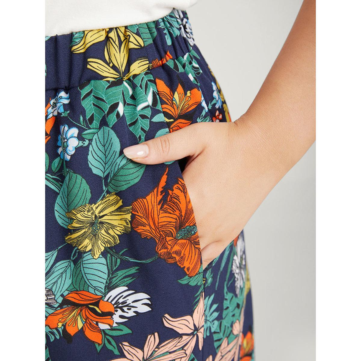 Plus Size Floral Print Drawstring Elastic Waist Pocket Pants Women Multicolor Elegant High Rise Dailywear Pants BloomChic 28/5X Product Image