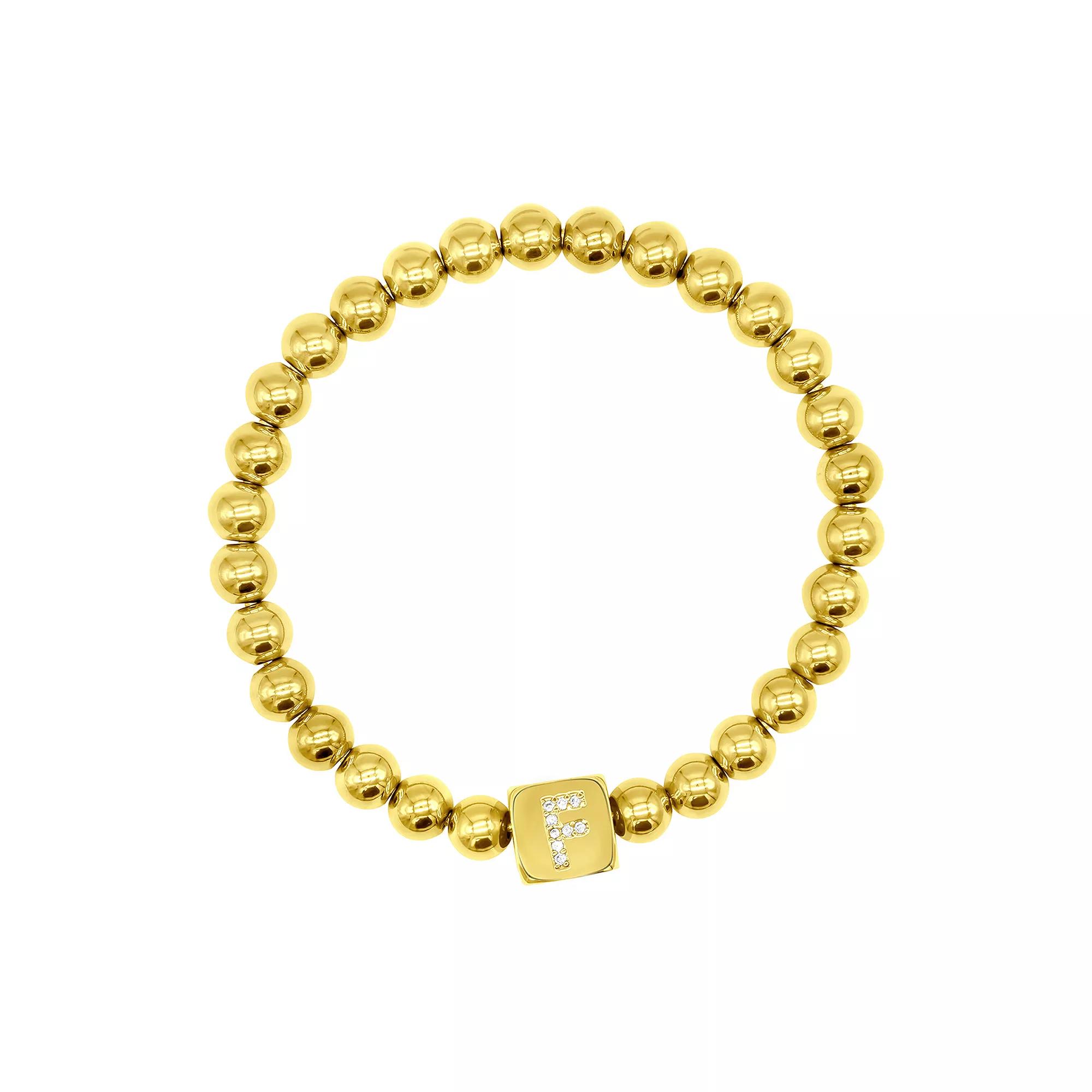 Adornia Gold Tone Initial Cubic Zirconia Cube & Bead Stretch Bracelet, Womens Product Image
