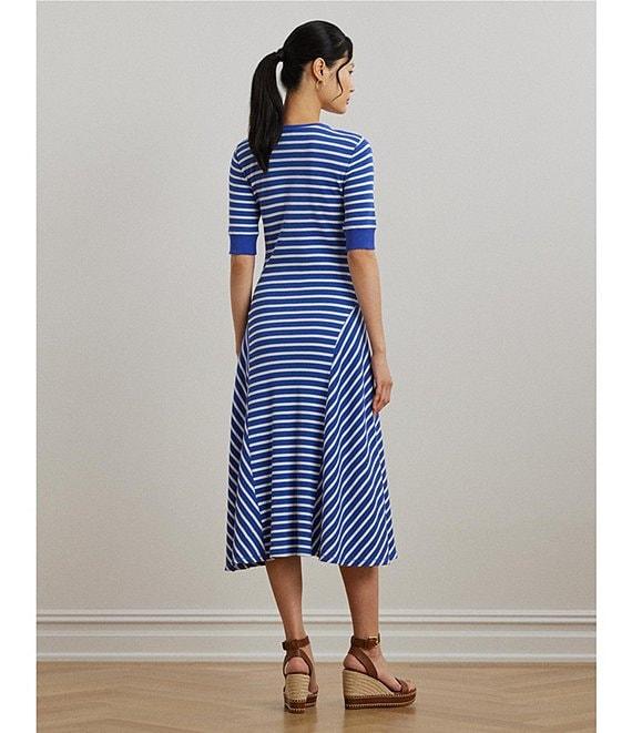 Lauren Ralph Lauren Knit Stripe Print Point Collar Elbow Sleeve Midi Dress Product Image