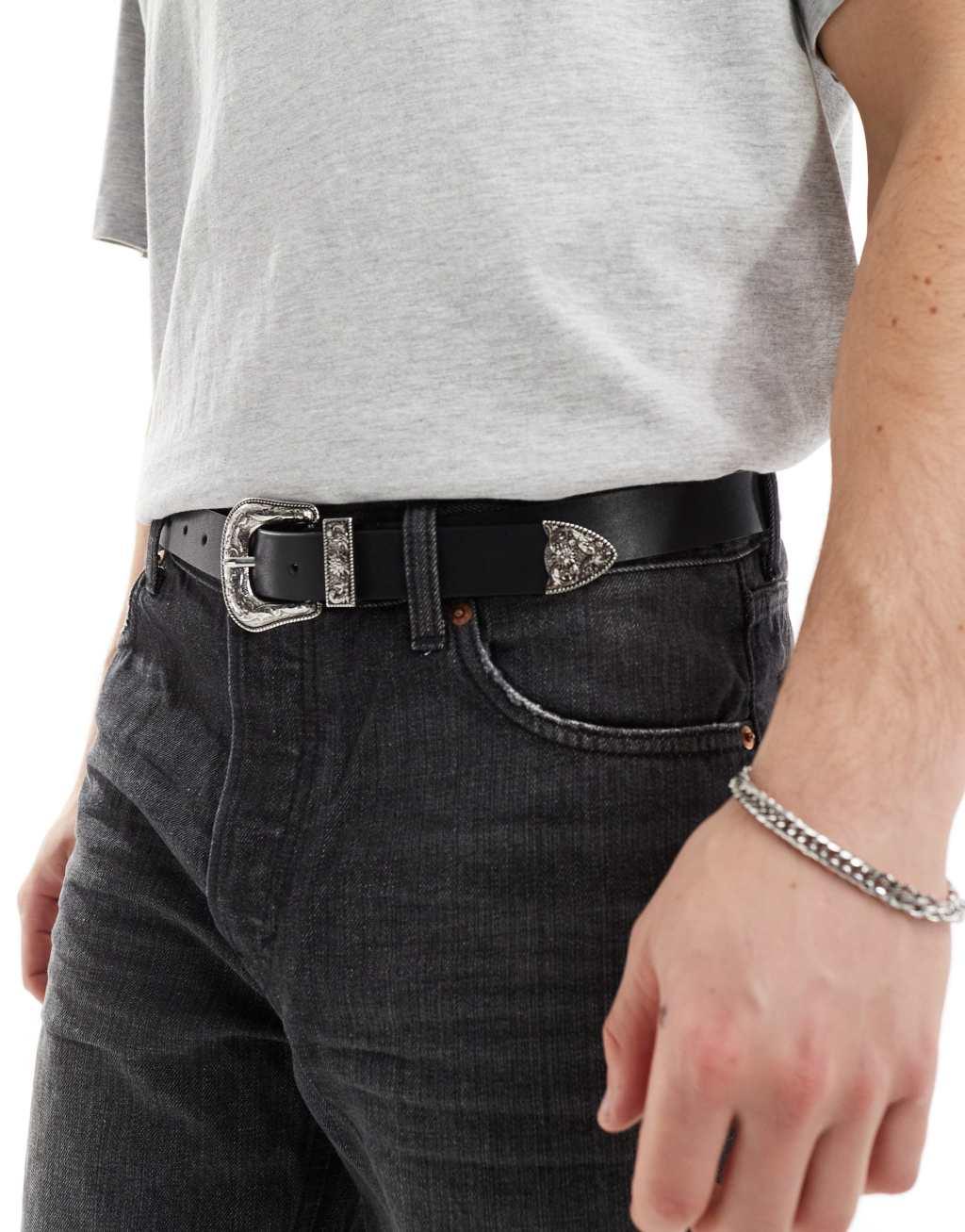 ASOS DESIGN belt in faux leather with silver western buckle in black Product Image