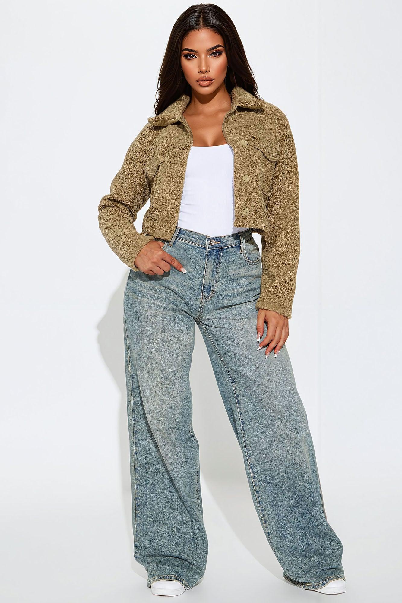 Cutesie Cozy Boxy Sherpa Jacket - Olive Product Image