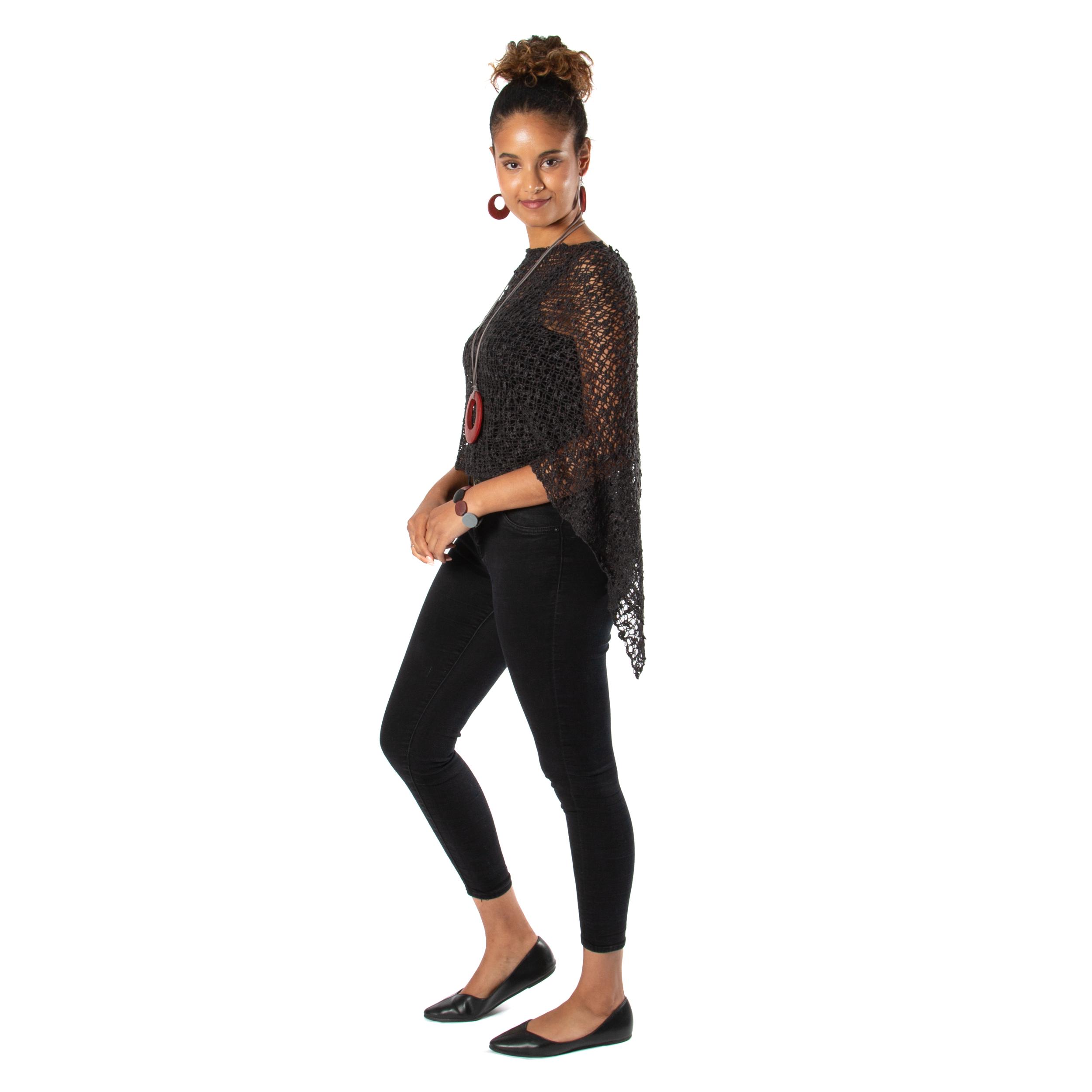 Short Popcorn Knit Poncho - Black Product Image