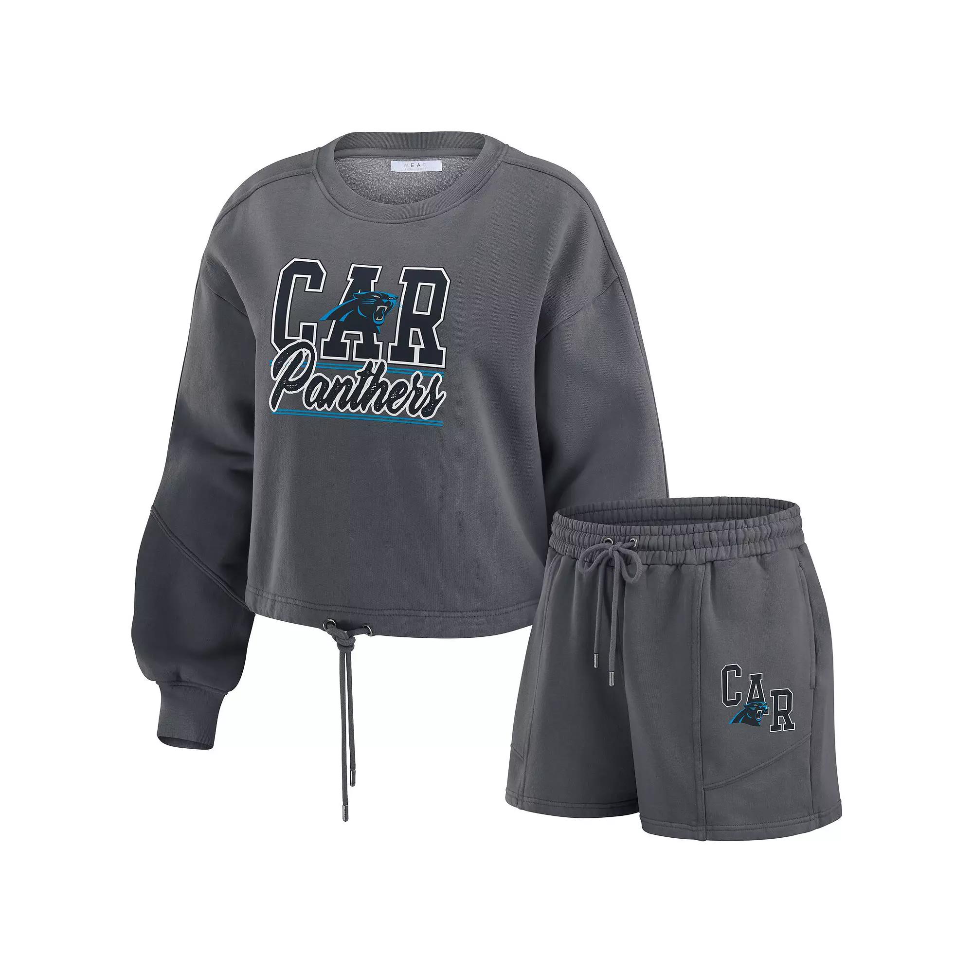 Women's WEAR by Erin Andrews Black Carolina Panthers Washed Fleece Long Sleeve T-Shirt & Shorts Lounge Set,  Product Image