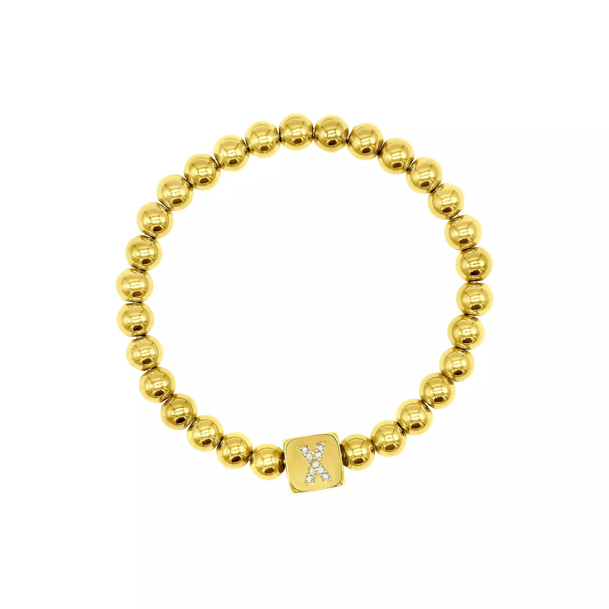 Adornia Gold Tone Initial Cubic Zirconia Cube & Bead Stretch Bracelet, Womens Product Image