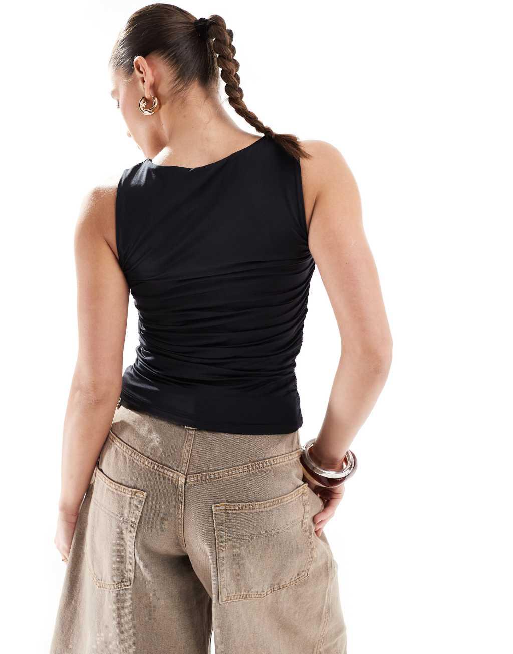 Stradivarius ruched tank top in black Product Image