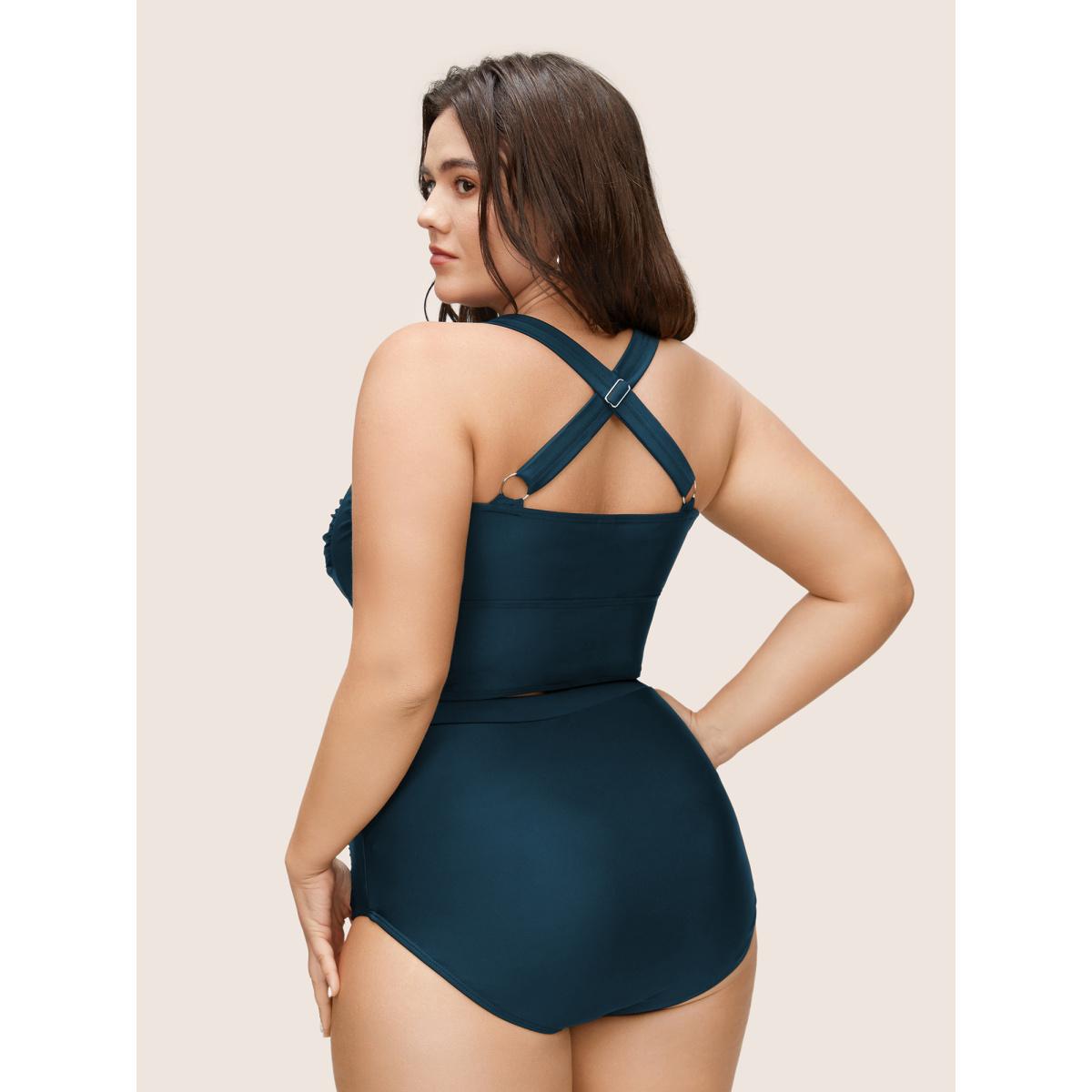 Plus Size Solid Crossover Square Neck Adjustable Straps Swim Top Women's Swimwear Cyan Resort Twist High stretch Skinny Square Neck Curve Swim Tops BloomChic 12/L Product Image