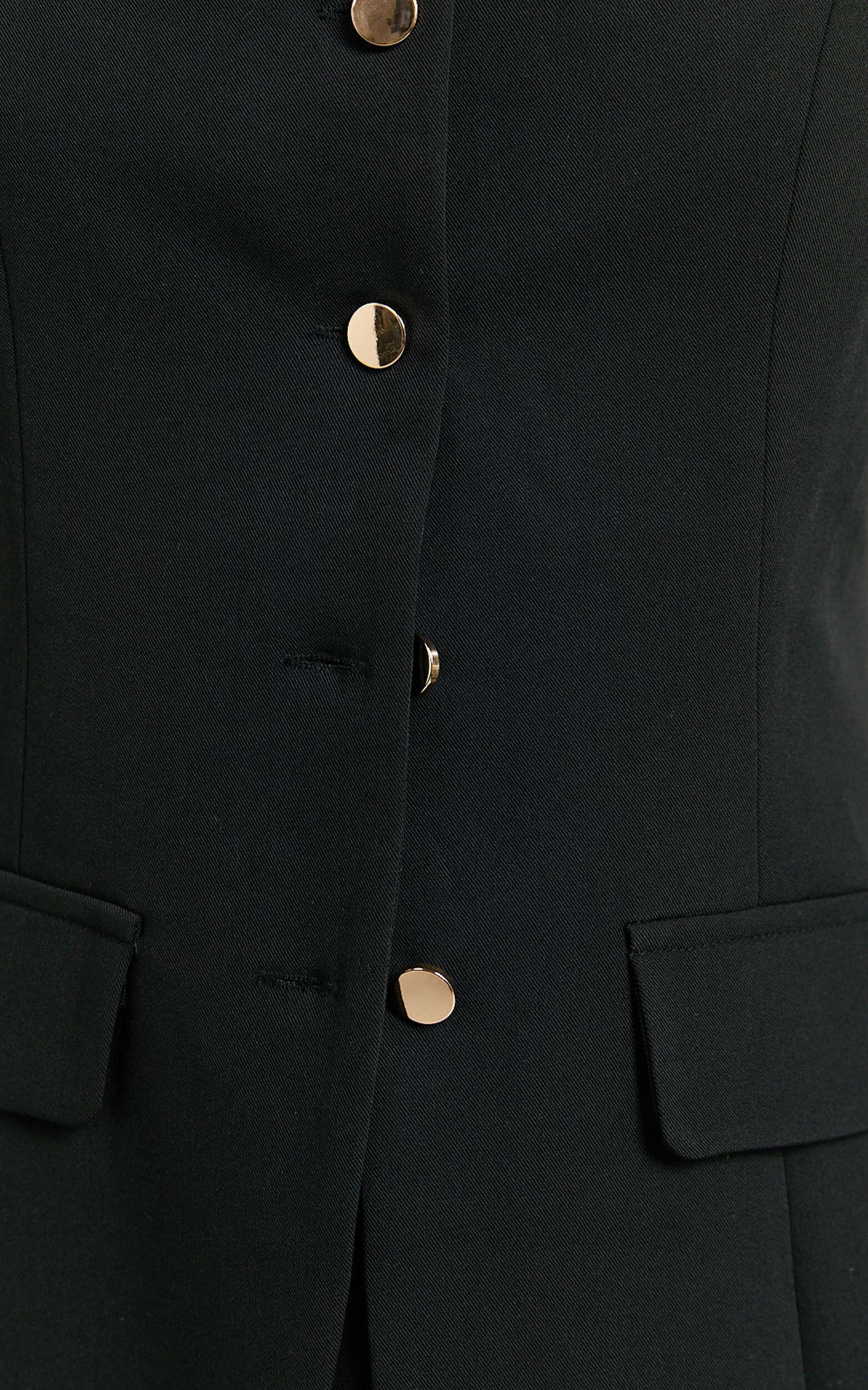 Phyllis Two Piece Set - Tailored Scoop Neck Vest Top and A Line Mini Skirt Set with Gold Buttons in Black Product Image