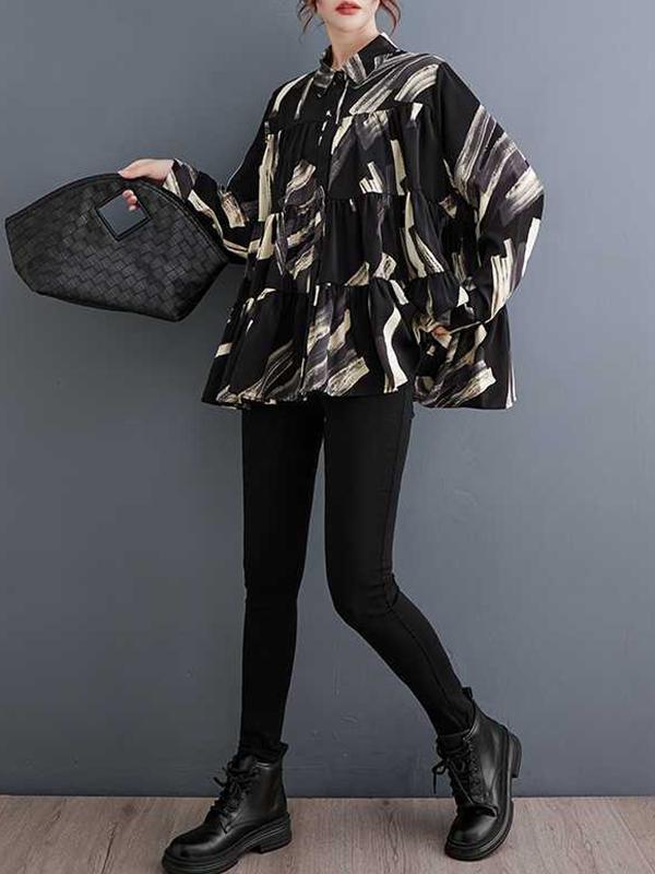 Long Sleeves Loose Pleated Printed Split-Joint Lapel Blouses Product Image