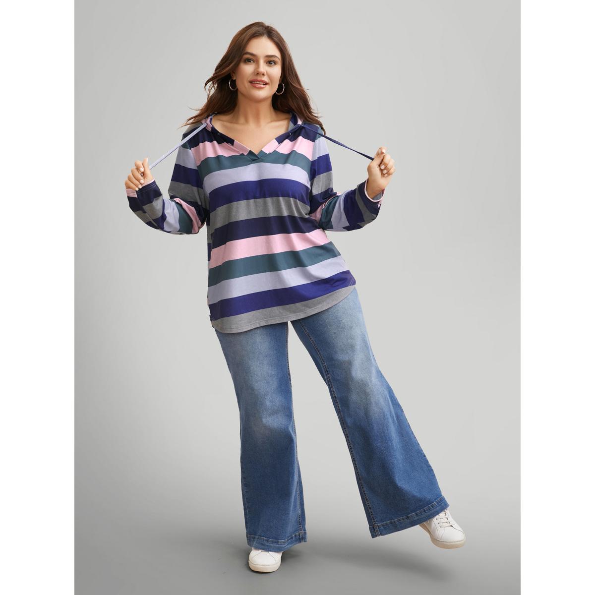 Plus Size Contrast Striped Hooded Drawstring T-shirt Multicolor Women Casual Drawstring Hooded Everyday T-shirts BloomChic 12/L Product Image