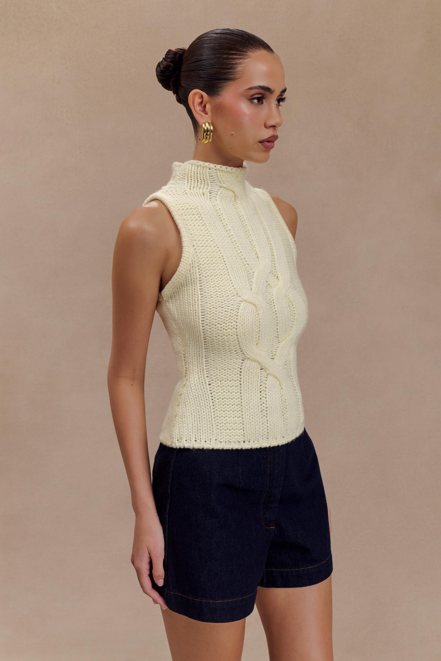 Roberta High Neck Cable Knit Top - Ivory Product Image
