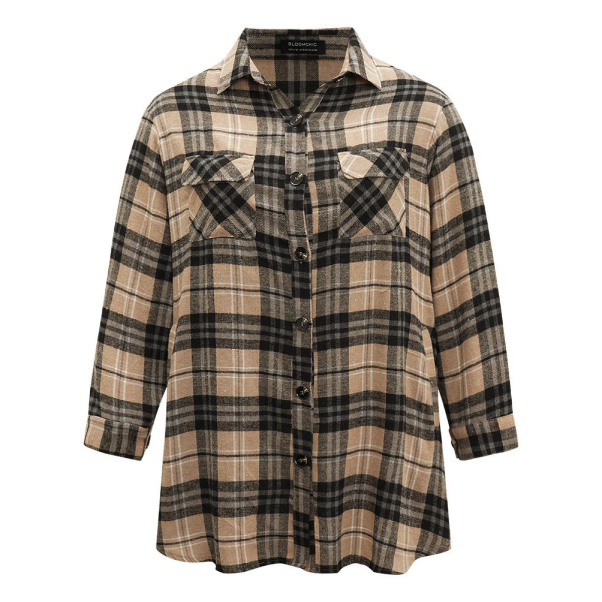 Plus Size Plaid Flap Pocket Curved Hem Coat Women Tan Contrast Pocket Dailywear Jackets BloomChic 10/M Product Image