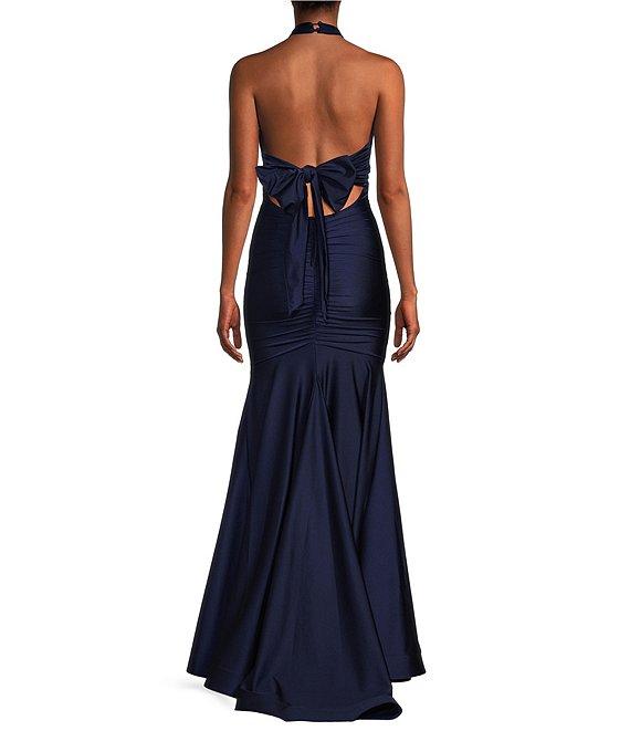 Honey and Rosie Halter V-Neck Tie Back Cummerbund Waist Gown Product Image