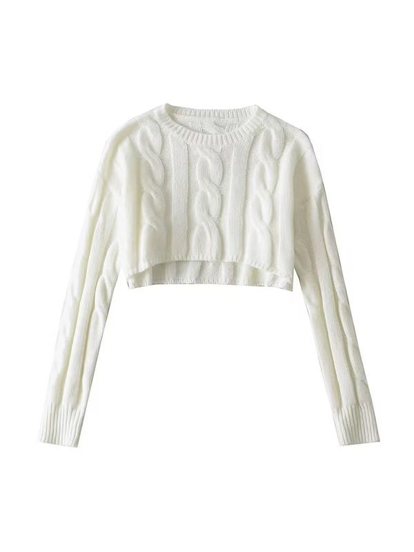 Solid Color Cable Knit Cropped Sweater Product Image