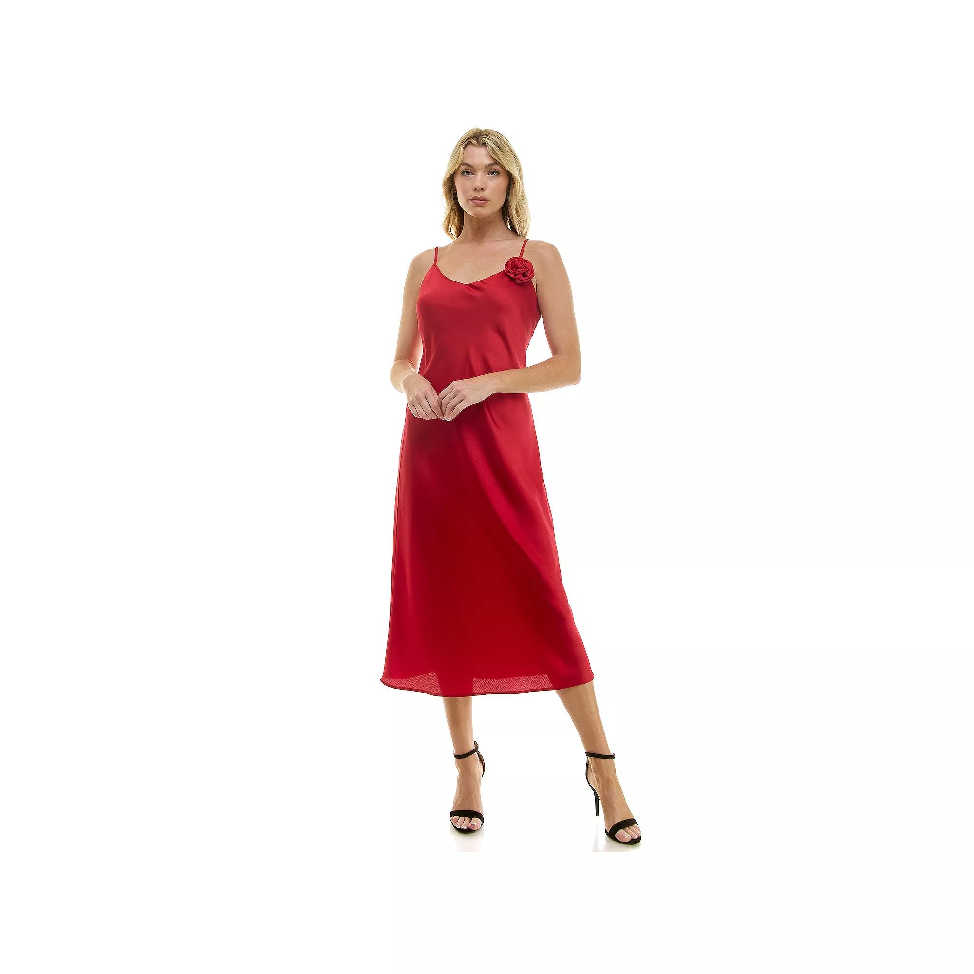 Women's Luxology V-Neck Rosette Bias Satin Midi Dress, Size: Large, Red Product Image