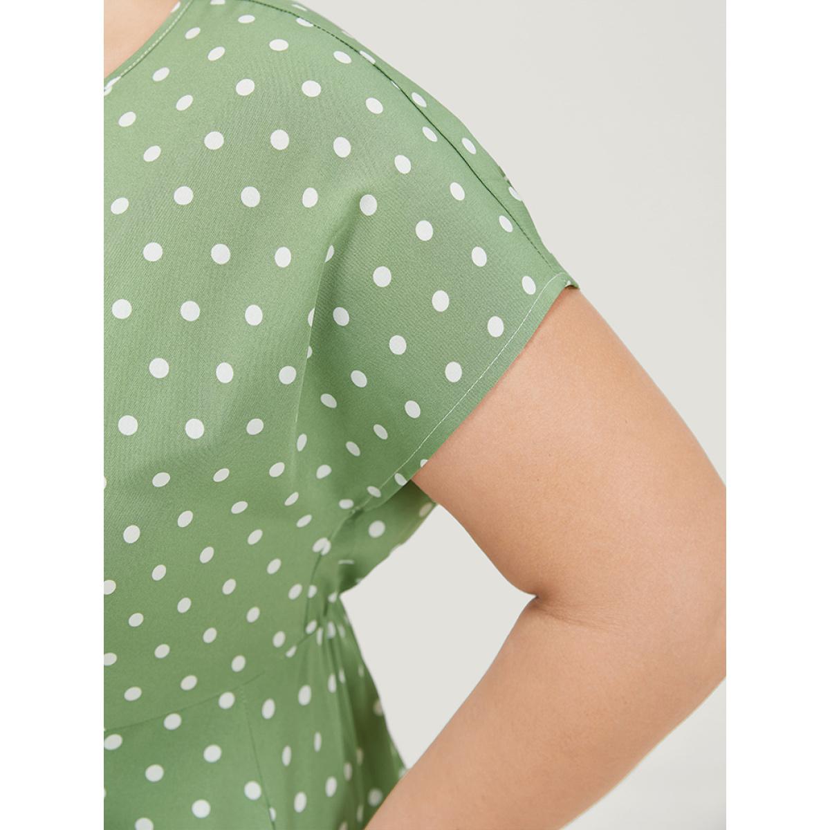 Plus Size Polka Dot Pocket Button Detail Twist Front Knee Dress Green Women Elegant Knotted V-neck Cap Sleeve Curvy Knee Dress BloomChic 14-16/1X Product Image