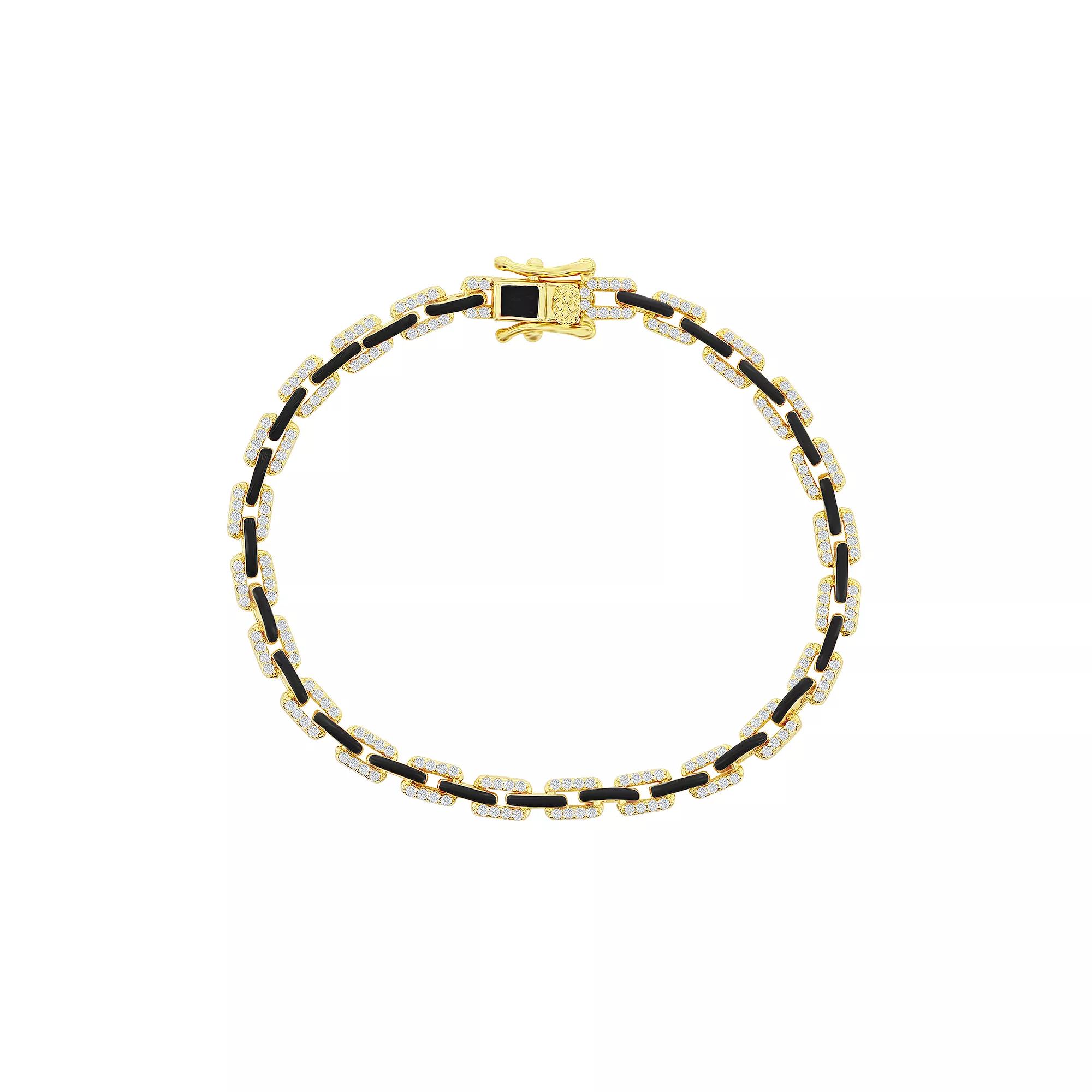 Argento Bella 14k Gold Over Silver Black Enamel & Cubic Zirconia Link Bracelet, Women's, Size: 7", Gold Tone Black Product Image