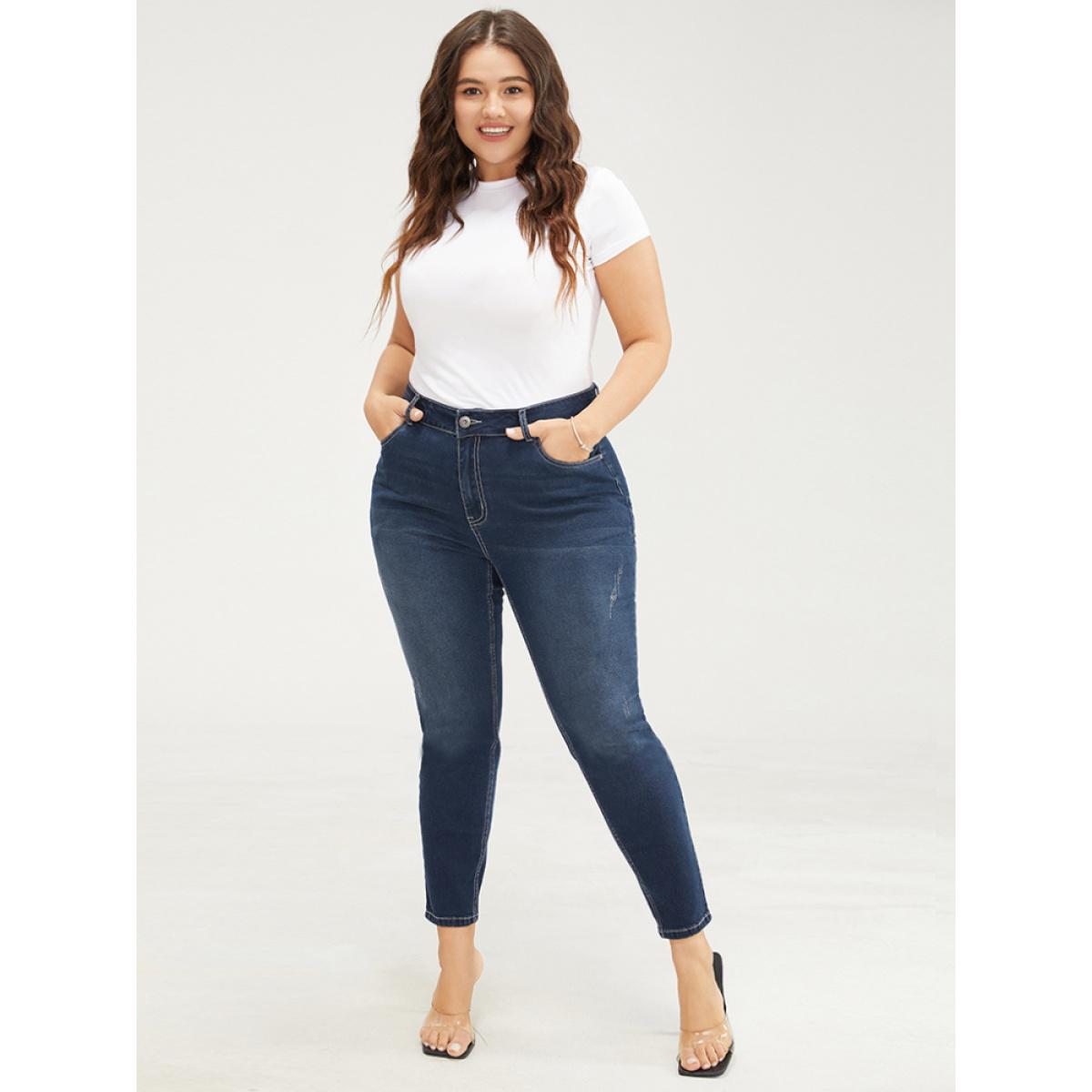 Plus Size Skinny Very Stretchy High Rise Dark Wash Ankle Jeans Women DarkBlue Casual Plain High stretch Pocket Jeans BloomChic 18/2X Product Image