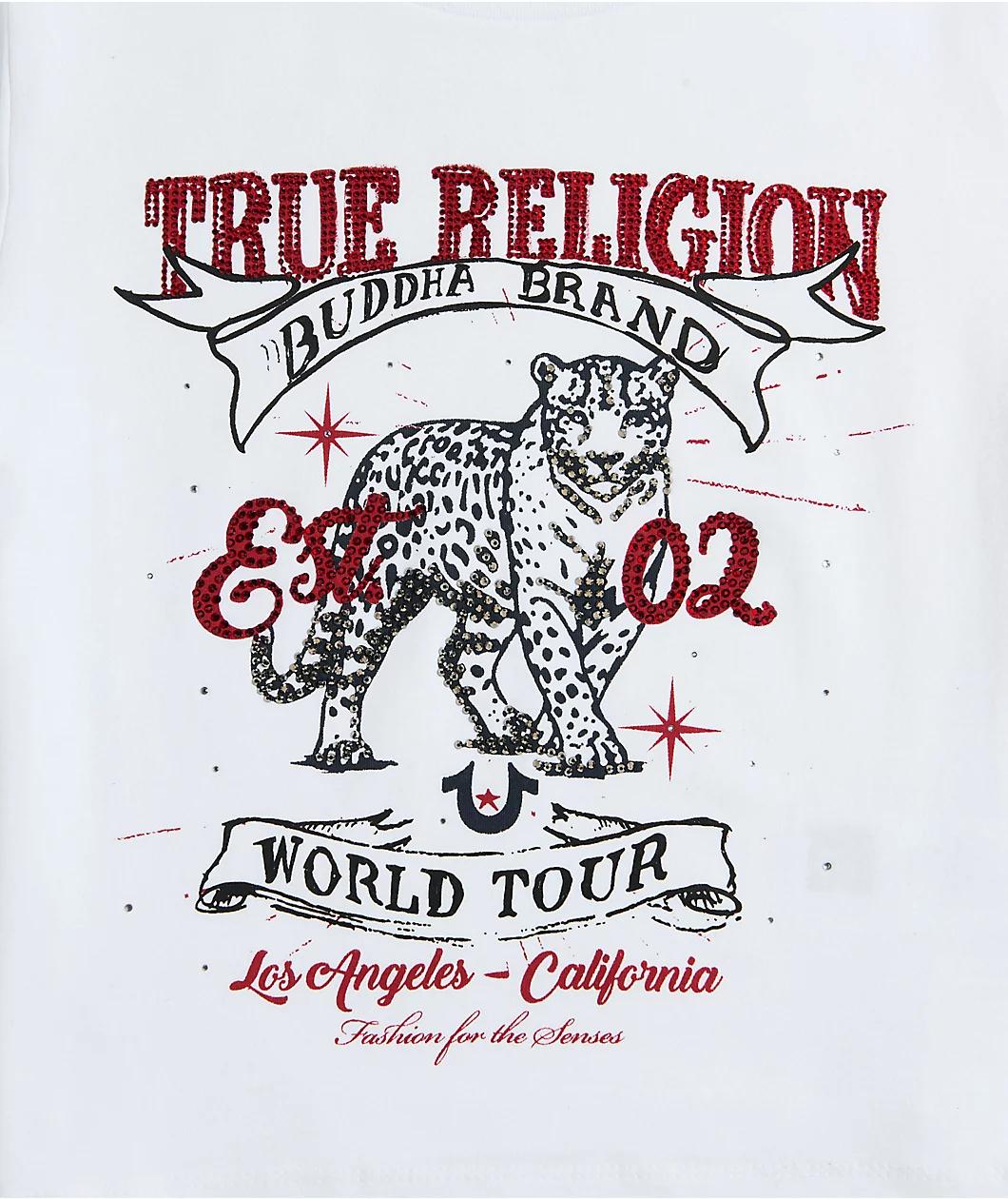True Religion Crystal Leopard White Crop T-Shirt Product Image