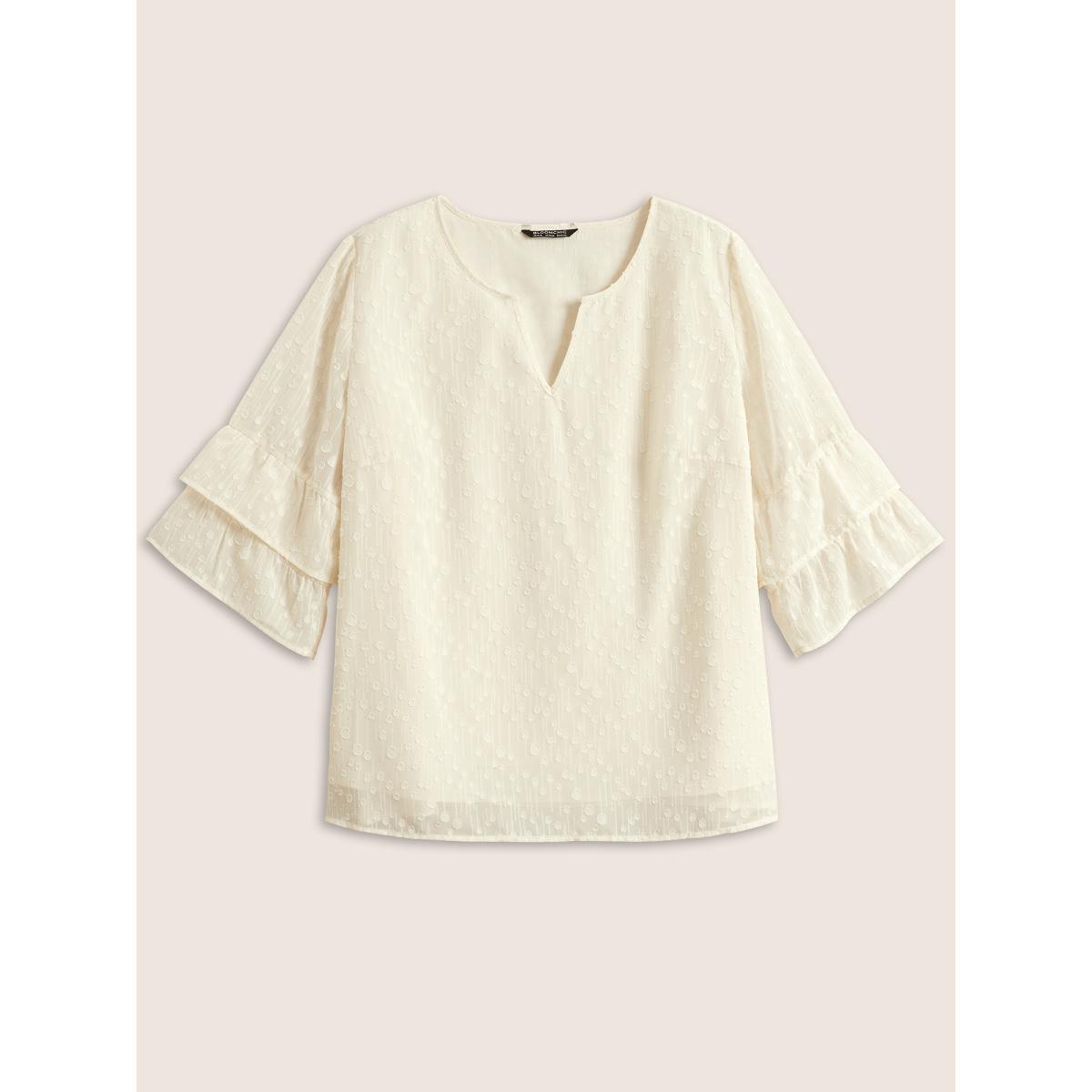 Plus Size Ivory Plisse Mesh Flutter Layered Sleeve Blouse Women Elegant Elbow-length sleeve V-neck Everyday Blouses BloomChic 22-24/3X Product Image