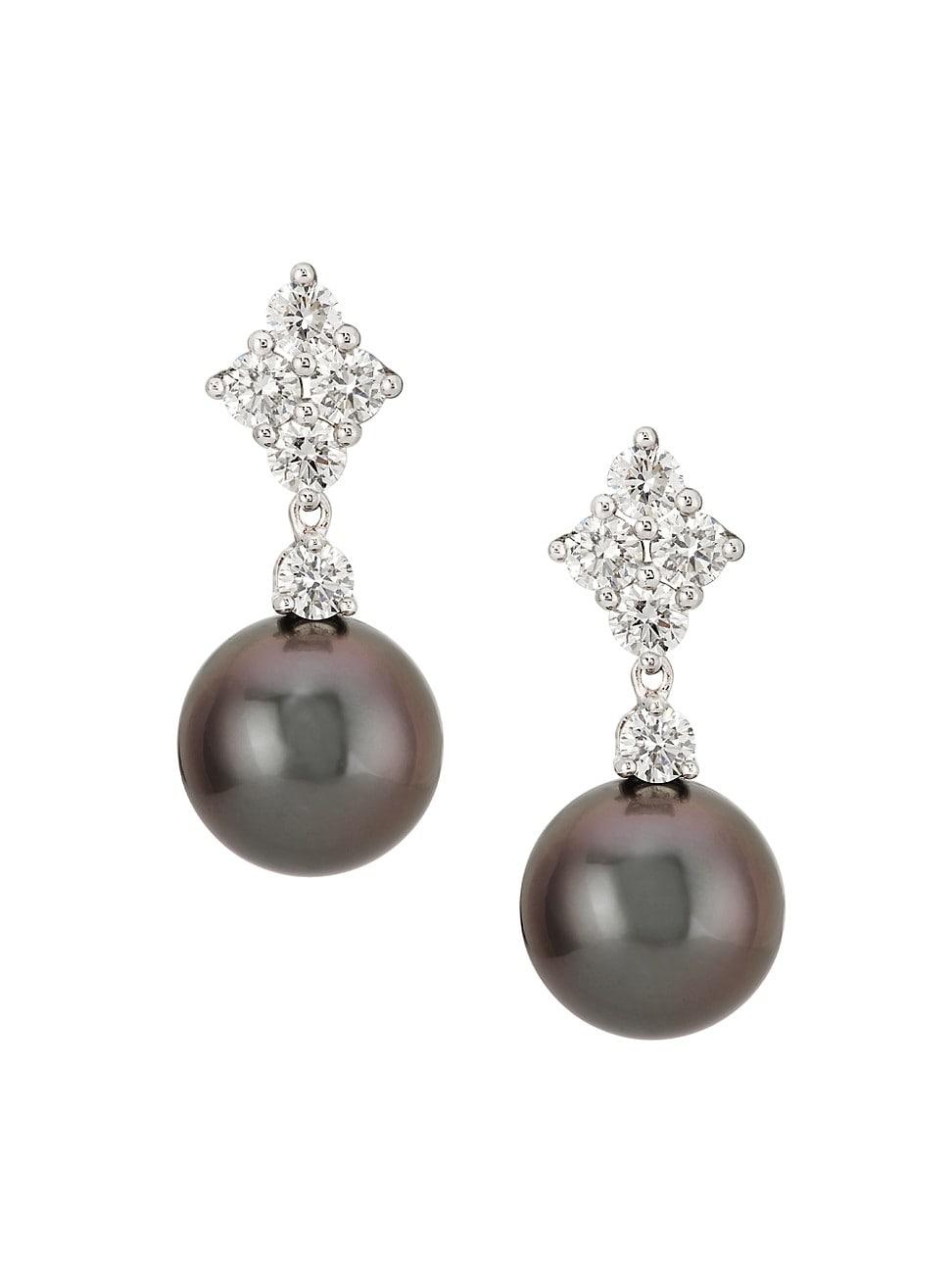 Womens Classic 18K White Gold, 0.70 TCW Diamond & Black South Sea Pearl Drop Earrings Product Image