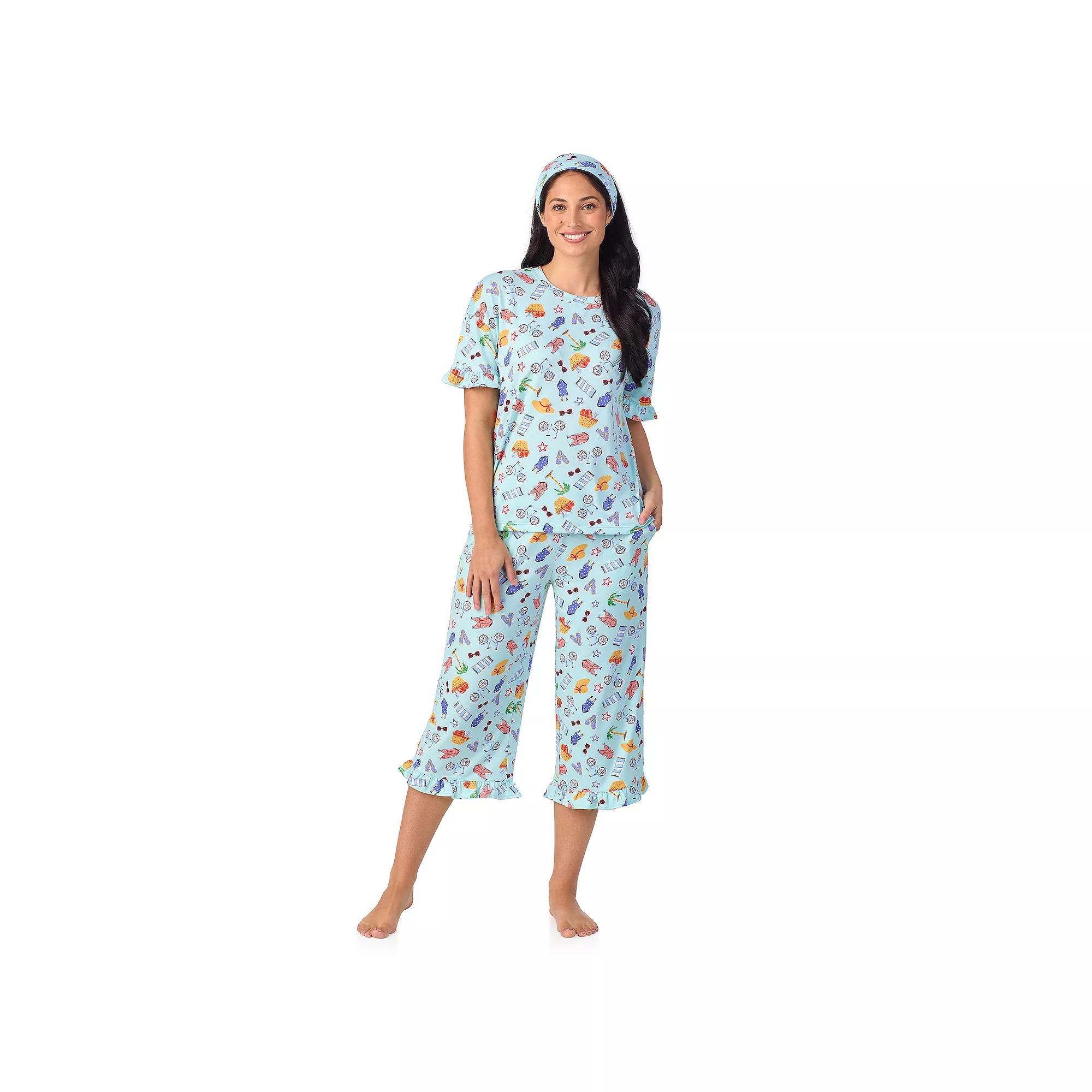 Women's Cuddl Duds® 3-Piece Short Sleeve Pajama Top, Cropped Pajama Pants & Headband Set, Size: XL, Green Vacation Product Image