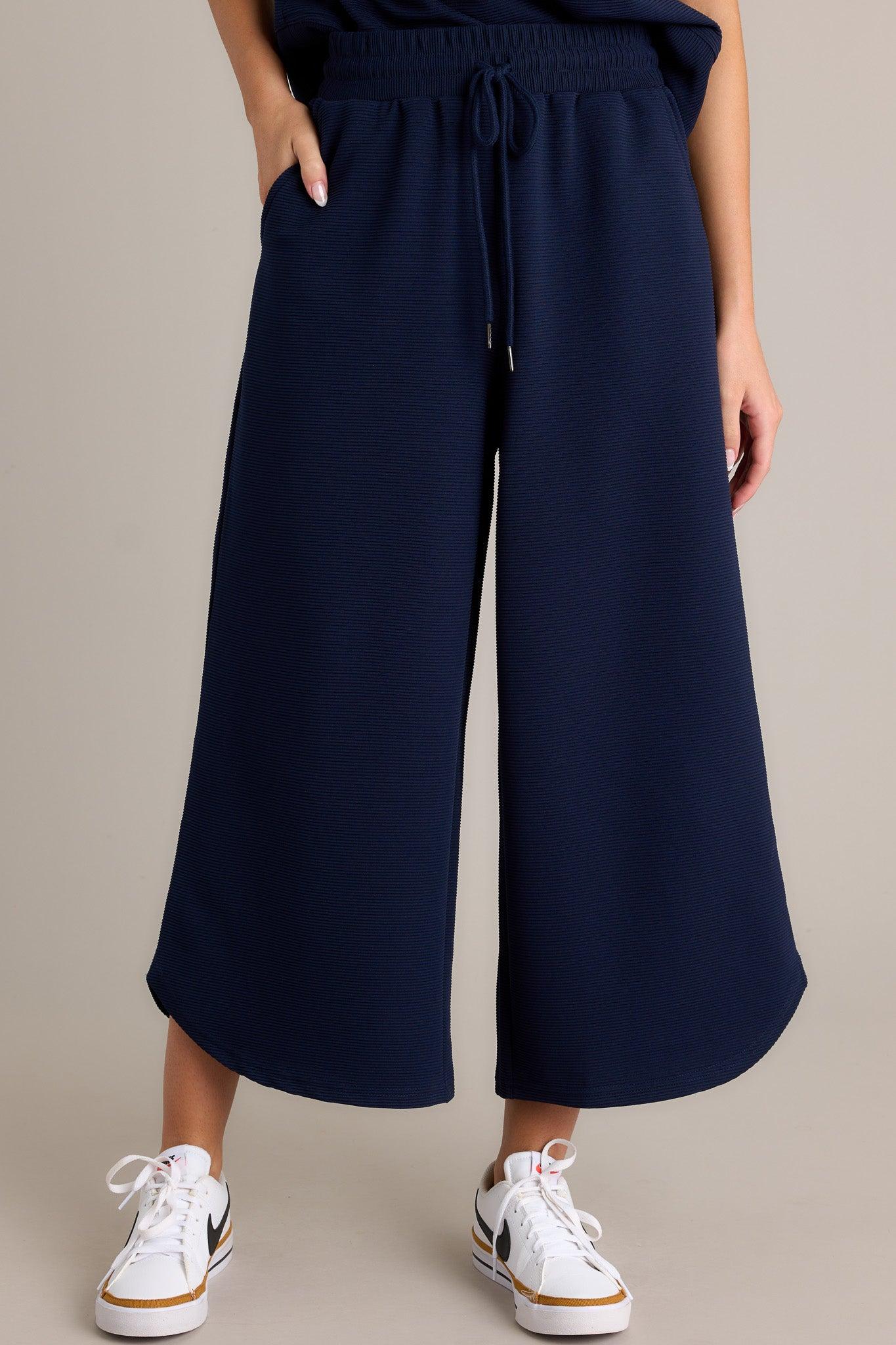 Sand Dune Navy Ribbed Wide Leg Pants Product Image